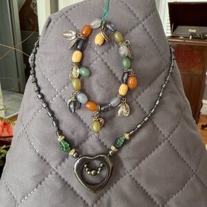 Hematite Heart Pendant Necklace + Multi-color Bracelet with Charms